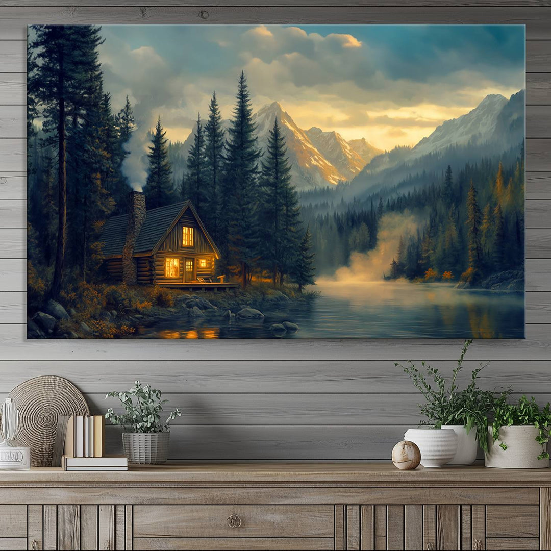 Mountain Cabin by the Lake at Sunset Wall Art - Serene Nature Canvas Print for Living Room Decor, Rustic Lodge Ambiance, 3-Panel Large Wall Art