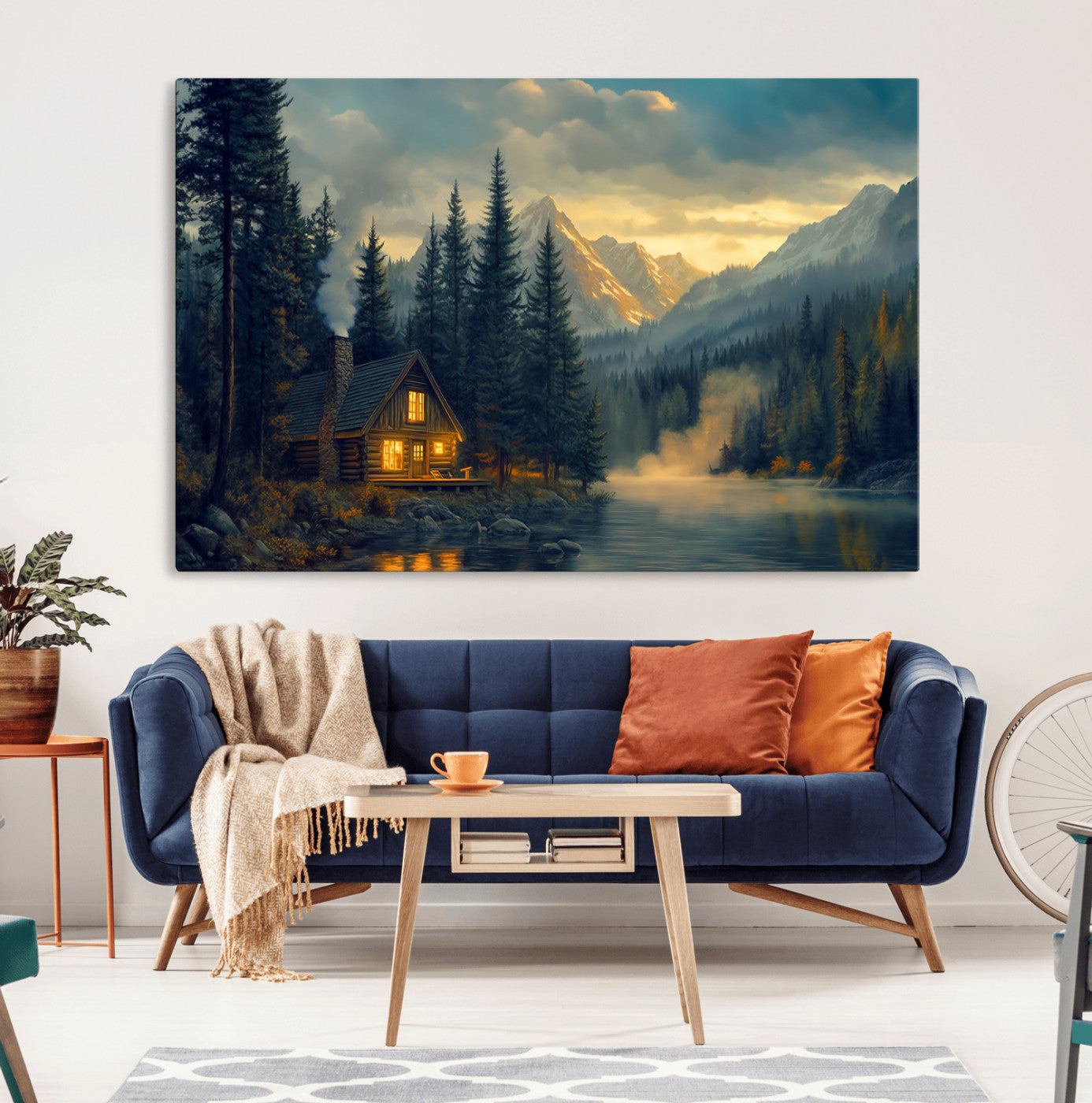 MGV-CV-36X24 - Mountain Cabin by the Lake at Sunset Wall Art - Serene Nature Canvas Print for Living Room Decor,