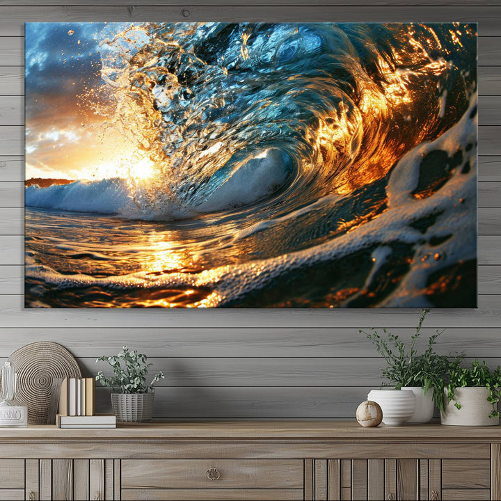 Ocean Wave at Sunset Wall Art | Ready to Hang Triptych Canvas Print | Coastal Wall Art for Living Room | Nautical and Beach House Decor