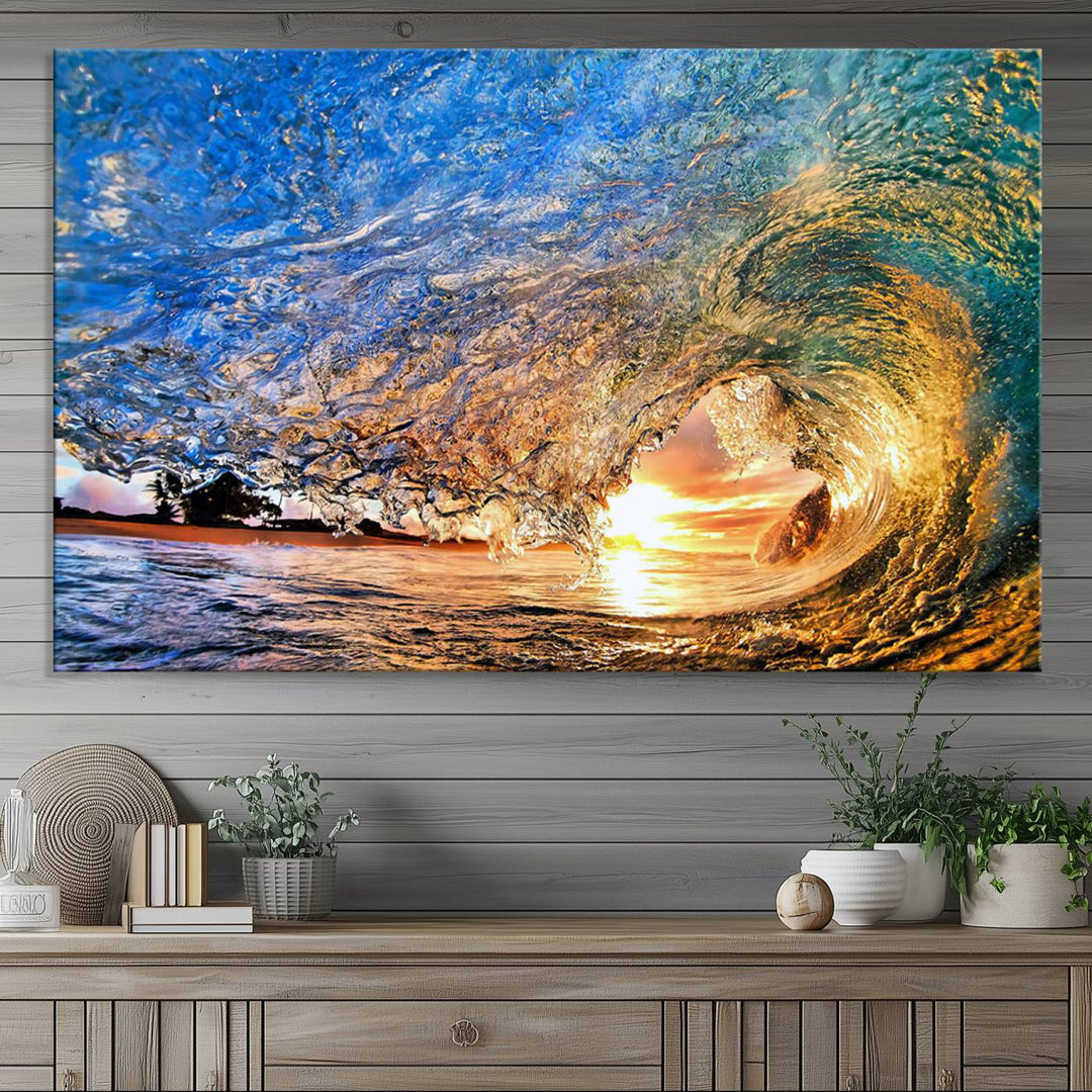 Ocean Wave at Sunset Canvas Print | Large Coastal Ocean Wall Art Print | Vibrant Beach Waves Art Print | Surf Lover Gift | Nautical Decor