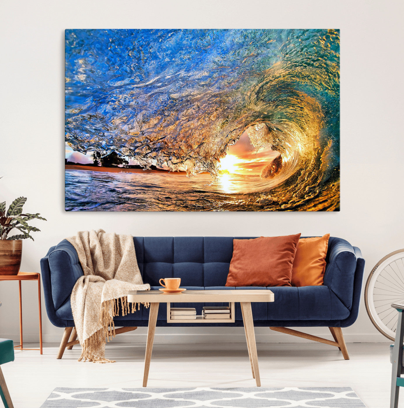 MGV-CV-36X24 - Ocean Wave at Sunset Canvas Wall Art – Vibrant Coastal Beach Waves Print, Large Nautical Decor,