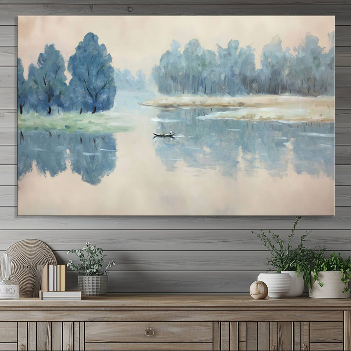 Landscape Printing Lake and Boat Scene | Serene Landscape Wall Art for Nature Lovers | Ready to Hang Triptych Canvas Print | Peaceful Blue Trees and Water Reflection Decor