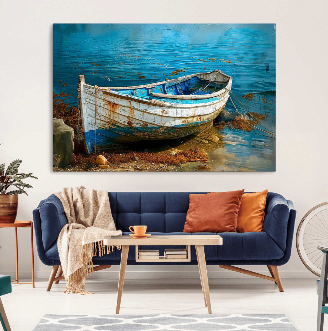 54716-MGV-CV-36X24-Vintage Boat on Tranquil Waters | Coastal Wall Art for Nautical Decor | Rustic Triptych Canvas Print