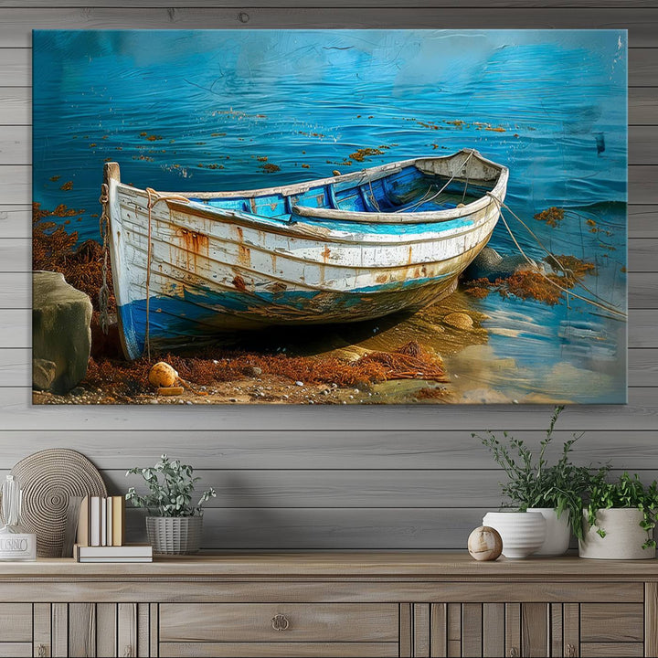 Vintage Boat on Tranquil Waters | Coastal Wall Art for Nautical Decor | Rustic Triptych Canvas Print | Beach House Art for Coastal Home Decor