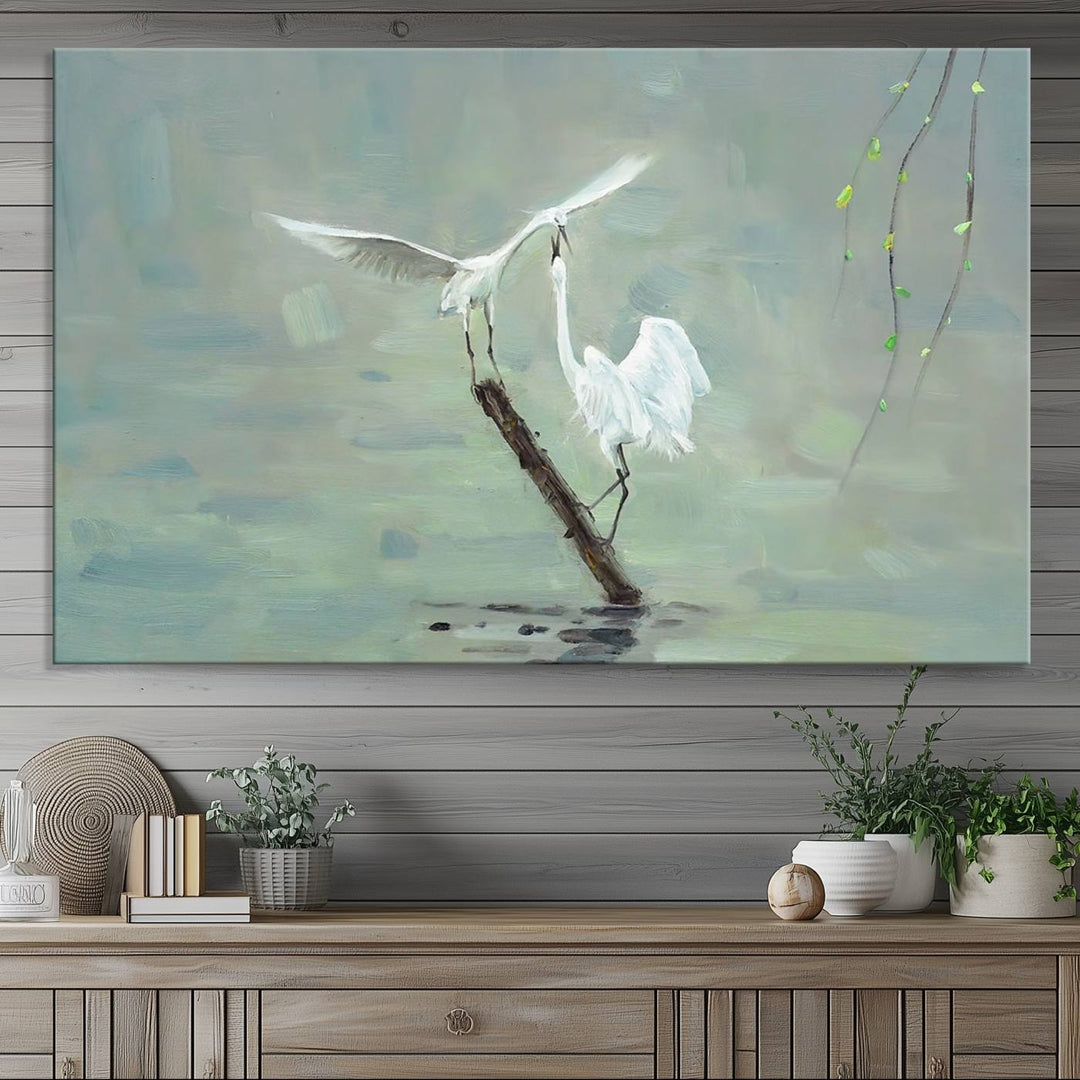 Elegant White Herons on Calm Waters | Coastal Wall Art for Nature-Inspired Decor | Serene Triptych Canvas Print | Ready to Hang Bird-Themed Art for Home Decor