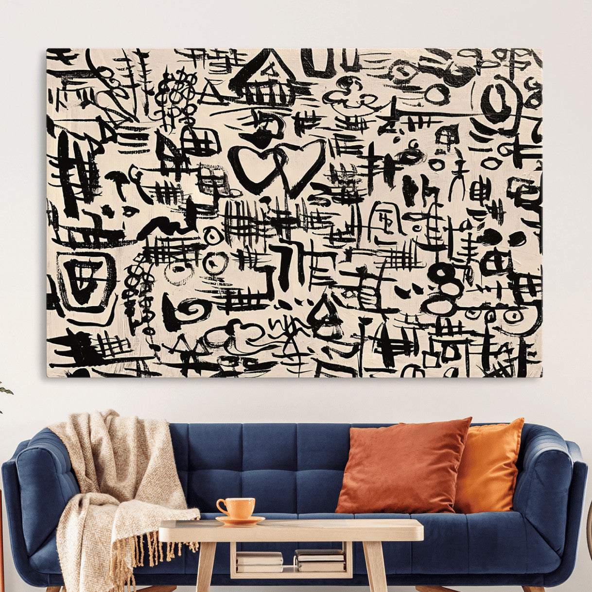 68273-MGV-CV-36X24 - Abstract Love and Chaos Canvas Print, Black Symbols on Beige