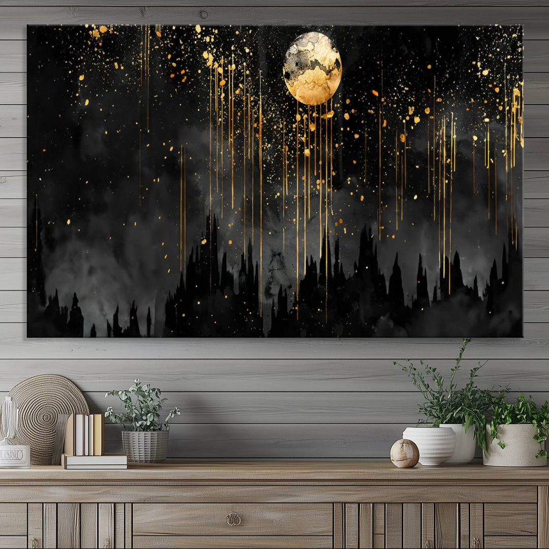 Gold Moon and Black Skyline Abstract Wall Art | Dark Modern Canvas Print with Dripping Gold Accents | Triptych Contemporary Homes