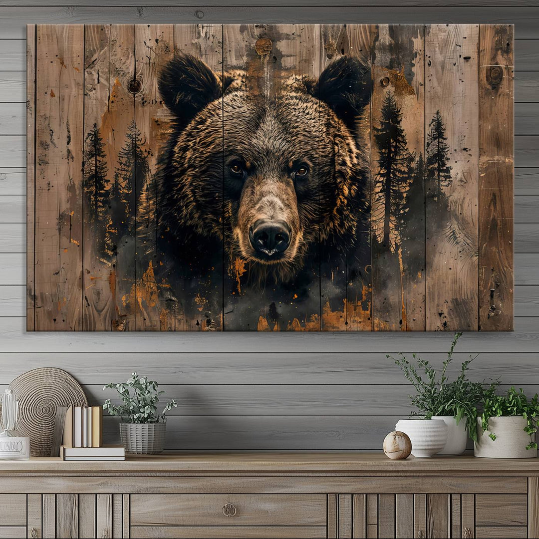 Rustic Grizzly 399 Wall Art is showcased against wood panels with forest silhouettes.