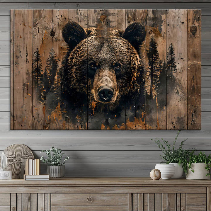 Rustic Grizzly 399 Wall Art is showcased against wood panels with forest silhouettes.