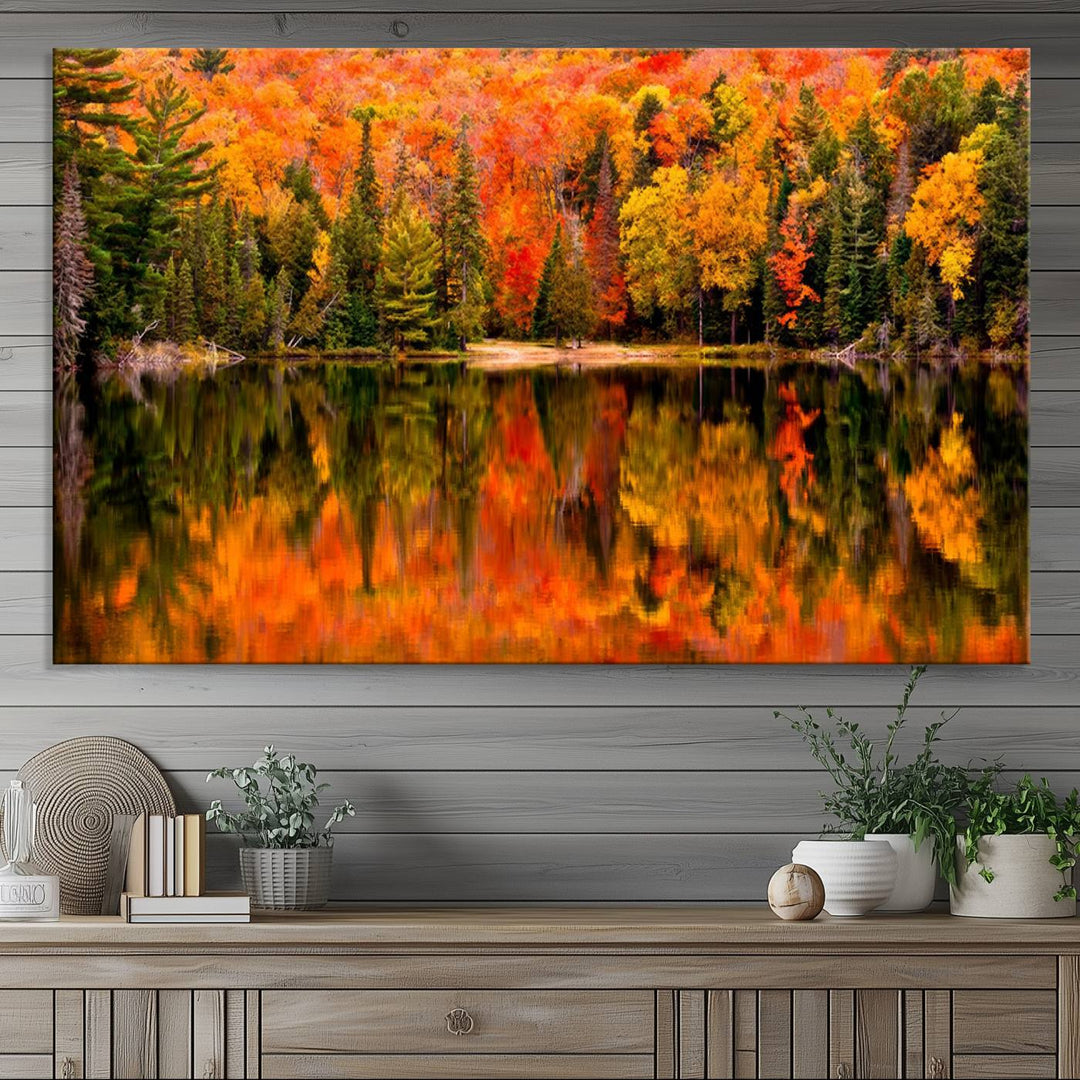 Autumn Forest Reflection Wall Art | Triptych Canvas Print | Vibrant Fall Foliage Wall Decor | Nature-Inspired Cabin Wall Art for Living Room