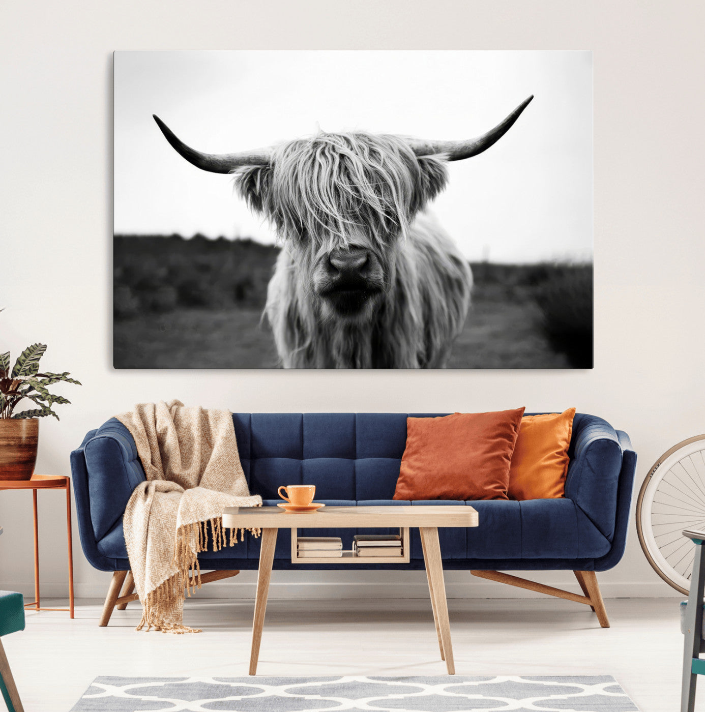MGV-CV-36X24 - Highland Cow Wall Art | Black and White Farmhouse Decor | Triptych Canvas Print | Rustic Barn Decor