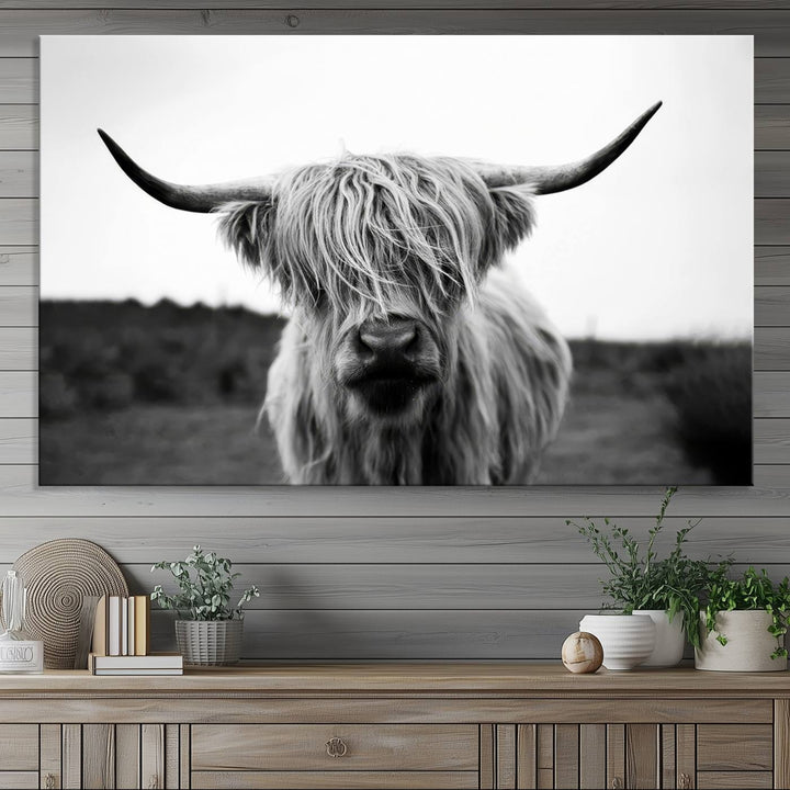 Highland Cow Wall Art | Black and White Farmhouse Decor | Ready to Hang Triptych Canvas Print | Rustic Barn Decor | Scottish Highland Cattle Art Print