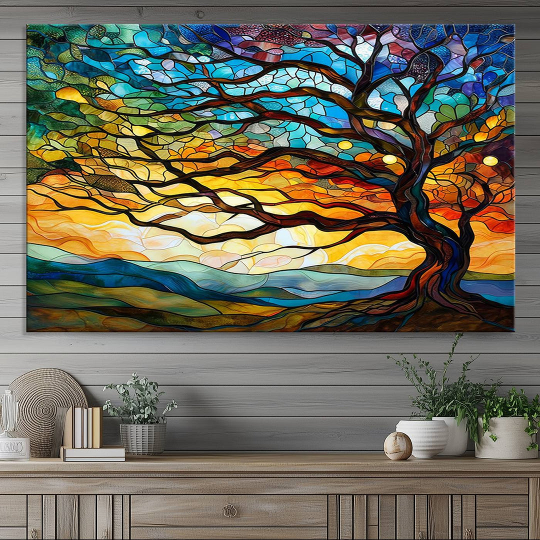 Vibrant Mosaic Tree of Life Wall Art | Stained Glass Style Canvas Print | Ready to Hang Artistic Decor