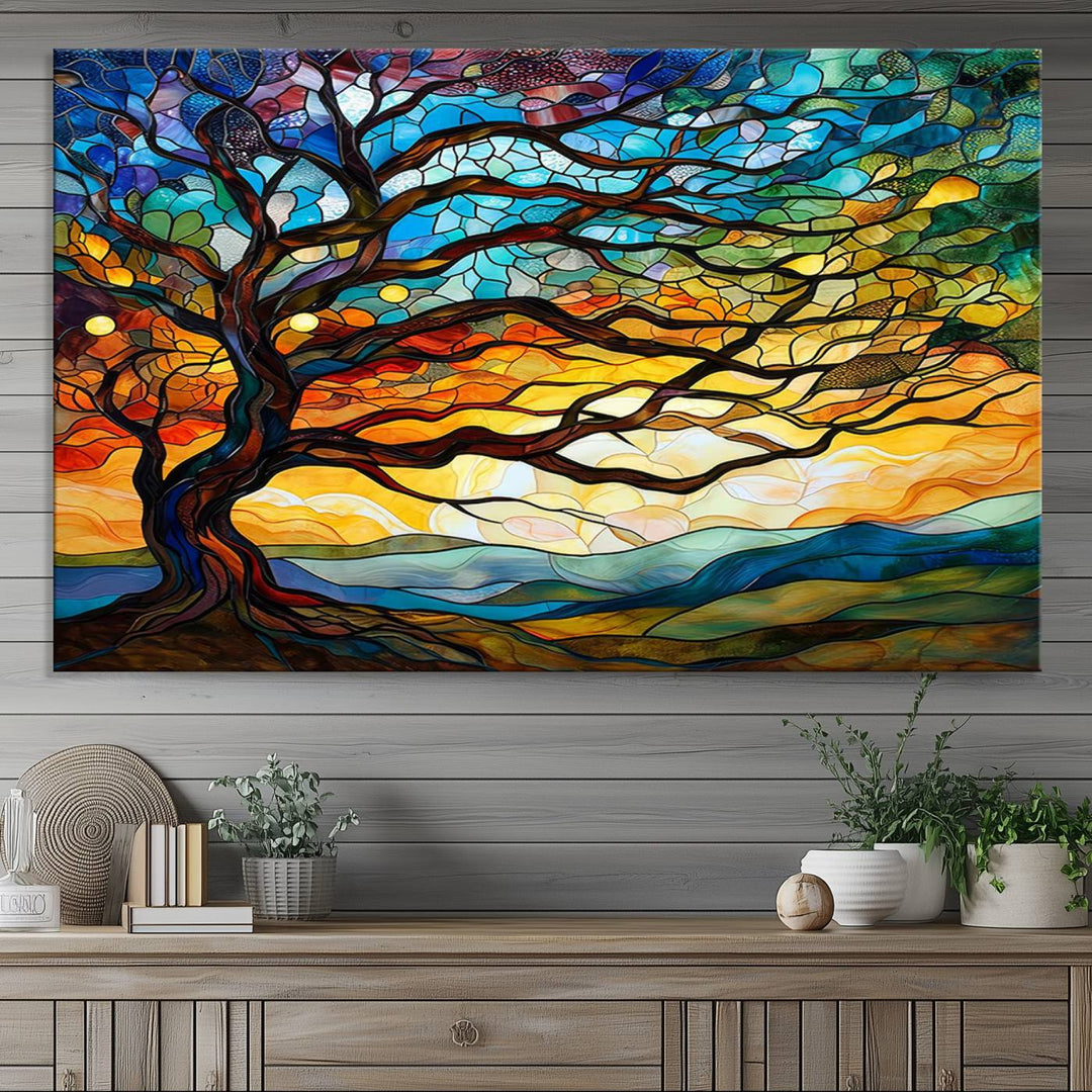 Mosaic Tree Wall Art | Ready to Hang Stained Glass Style Canvas Print | Farmhouse Wall Decor, Cabin Wall Art, and Unique Nature Home Decor