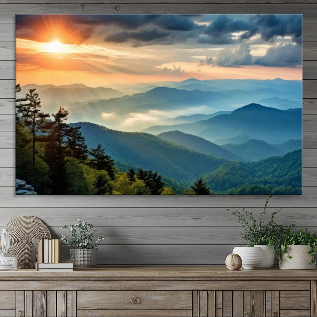 Sunrise Over Mountain Range Wall Art | Canvas Print Ready to Hang | Perfect for Farmhouse Wall Decor, Cabin Wall Art, Nature-Inspired Home