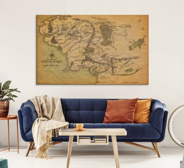 J.R.R. Tolkien's Middle-Earth World Map 3 Panel Wall Art Canvas Print | Vintage Map Wall Art for Living Room or Office | Large Framed Gallery Wrap