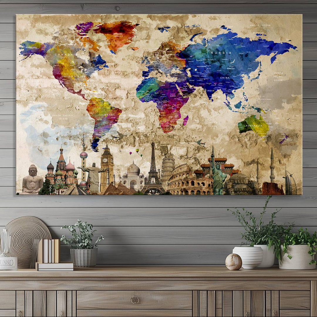 Framed World Map Canvas Print with Landmarks | Multi-Panel Wall Art | Ready to Hang Decor for Living Room, Office | Global Travel Wall Art | Vibrant Landmark Design