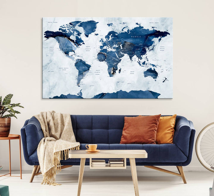 Navy Blue World Map with Antarctica Canvas: A perfect abstract home decor piece featuring a grunge-stained background.