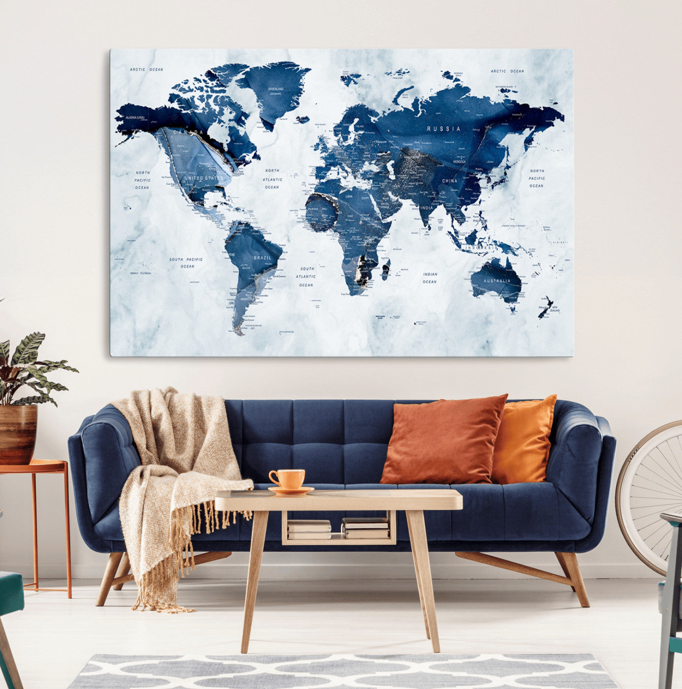 88266-MGV-CV-36X24-Modern Blue Marble World Map Canvas Print – Framed Push Pin Wall Art, Elegant Travel Map Artwork for Home Office or Living Room Decor