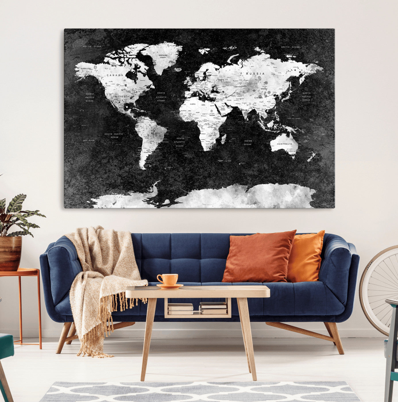 90682-MGV-CV-36X24-Black and White World Map Canvas Print – Framed Push Pin Wall Art for Couples, Modern Minimalist Travel Map for Elegant Home and Office Decor