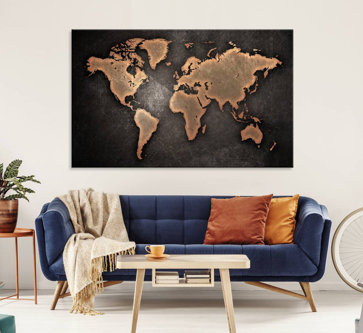 Maroon World Map Wall Art: Copper continents on a grunge-stained canvas, ideal for enhancing your decor.