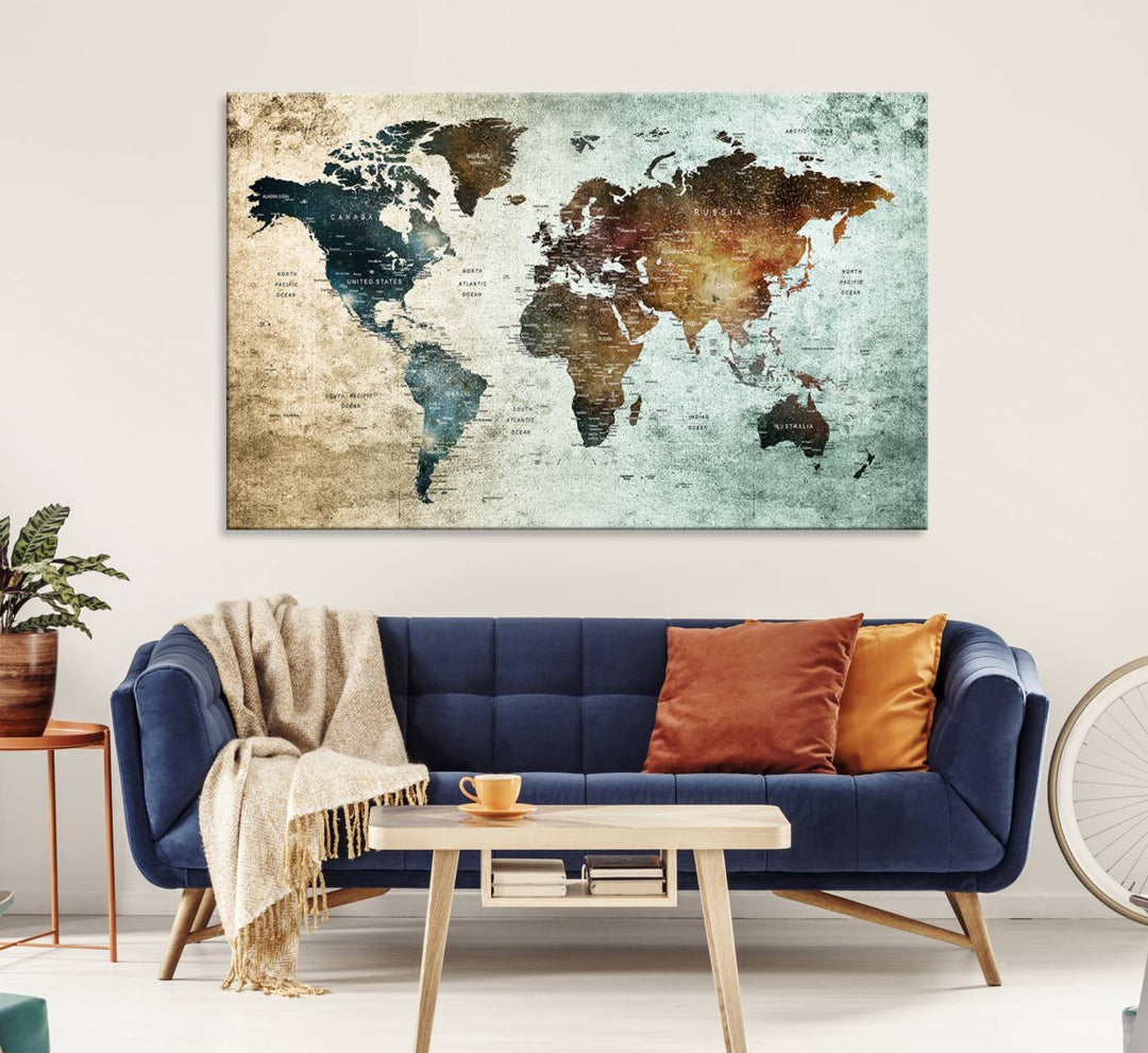 The Push Pin World Map Canvas Print serves as an ideal piece of wall art for travel lovers, showcasing vibrant colors and intricate details.