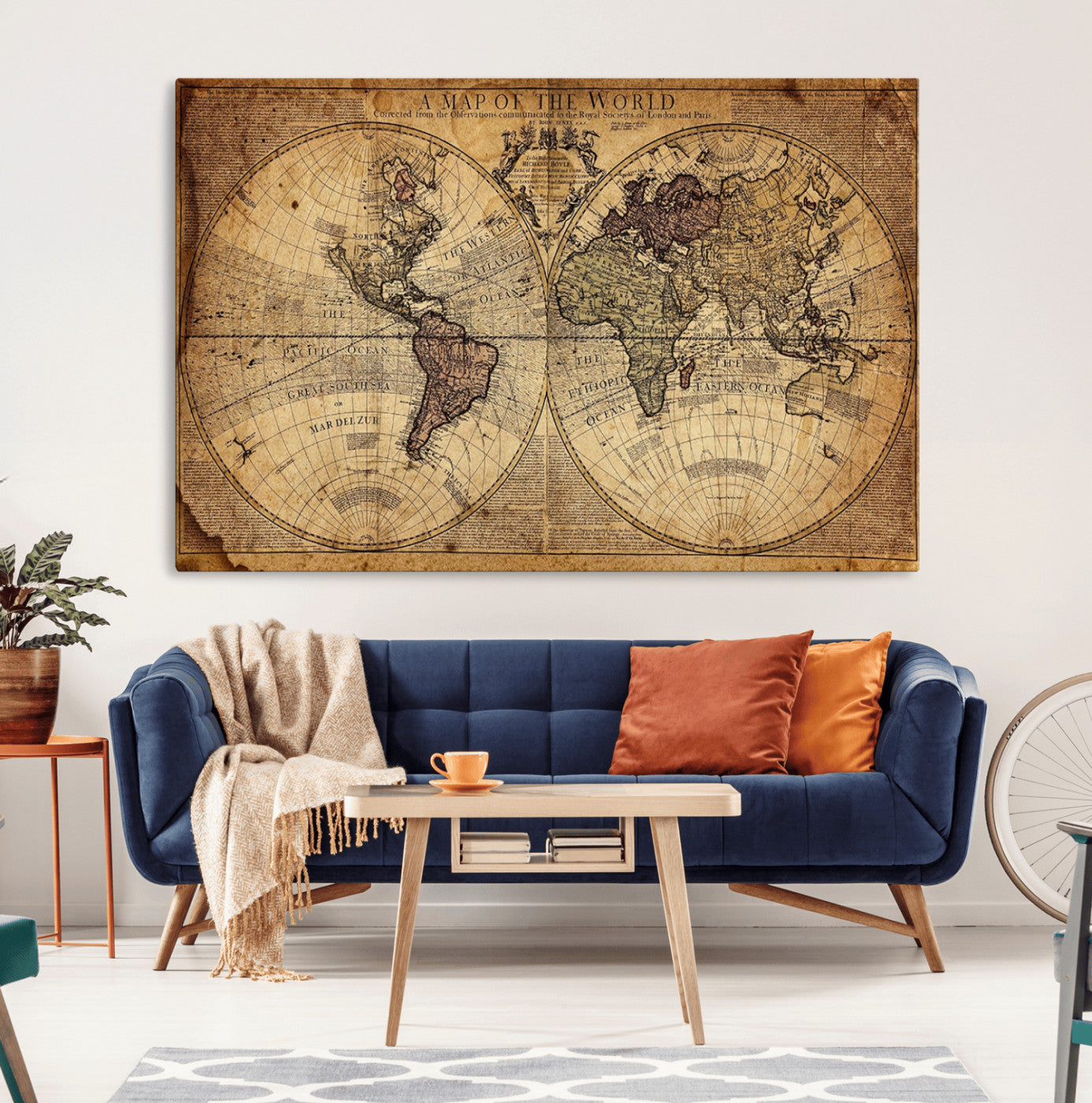 Ant1001-MGV-CV-36X24-Vintage World Map Wall Art Canvas – Antique Style Push Pin Travel Map, Framed Decorative Wall Decor for Home, Office