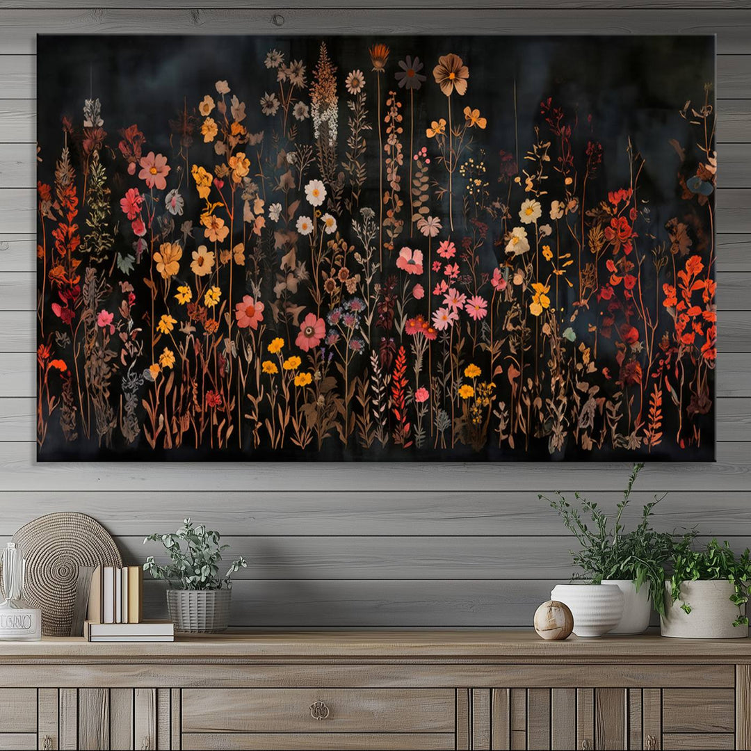 A large wildflower painting print on canvas featuring a colorful floral illustration, perfect as botanical decor for a stylish home.