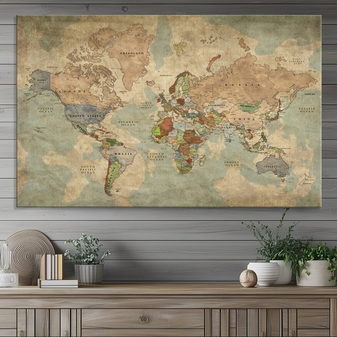 Vintage World Map Canvas Wall Art – Antique Triptych Map Print – Rustic Global Decor for Living Room or Office – Ready to Hang