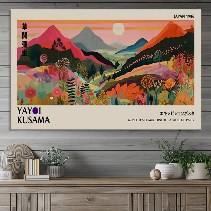 A vibrant abstract landscape by Yayoi Kusama adorns a Wabi Sabi ready-to-hang canvas print, featuring mountains and flowers.