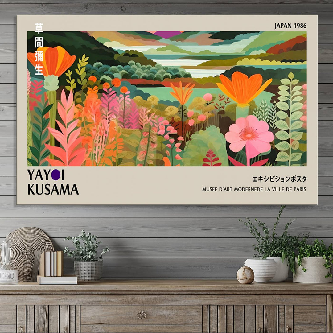 A vibrant 1986 Yayoi Kusama abstract landscape featuring flowers and hills on a canvas wall art print, ready-to-hang.