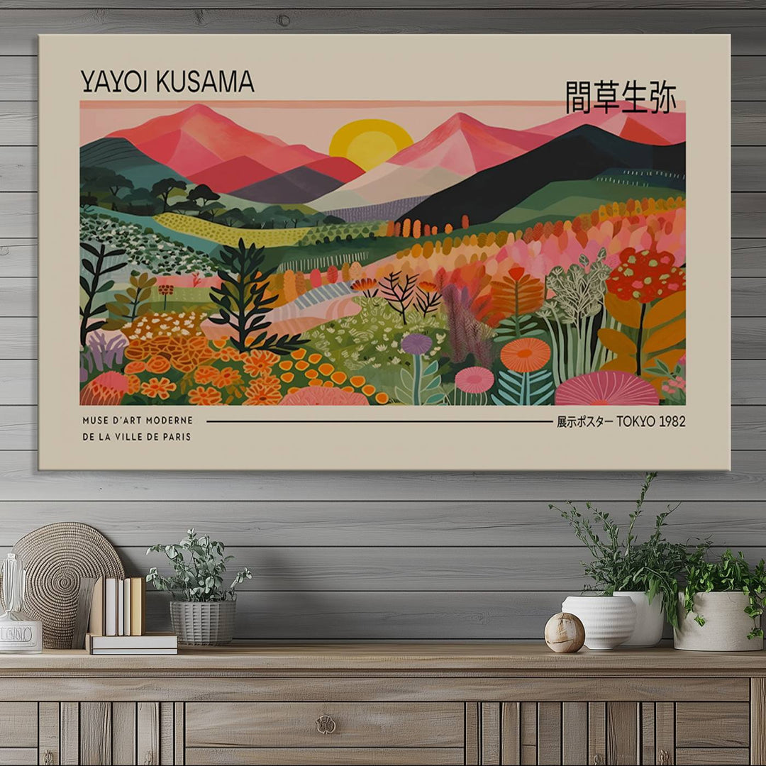 A vibrant abstract triptych features mountains, a sun, and plants in Yayoi Kusamas style with Japanese and French text included.