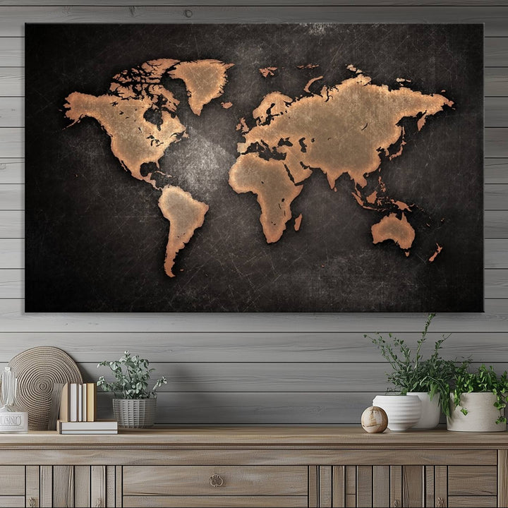 The Modern World Map on a metallic black canvas creates a striking effect.