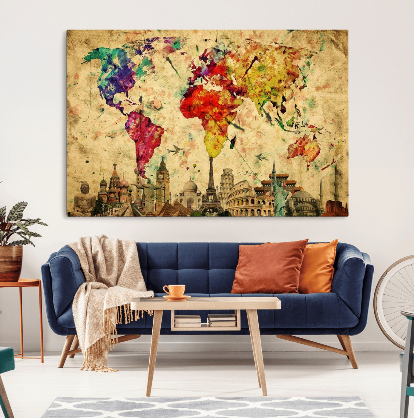 24467-MGV-CV-36X24-Colorful Watercolor World Map Canvas Wall Art – Framed Landmark Travel Map Print, Vibrant Global Artwork for Home and Office Decor