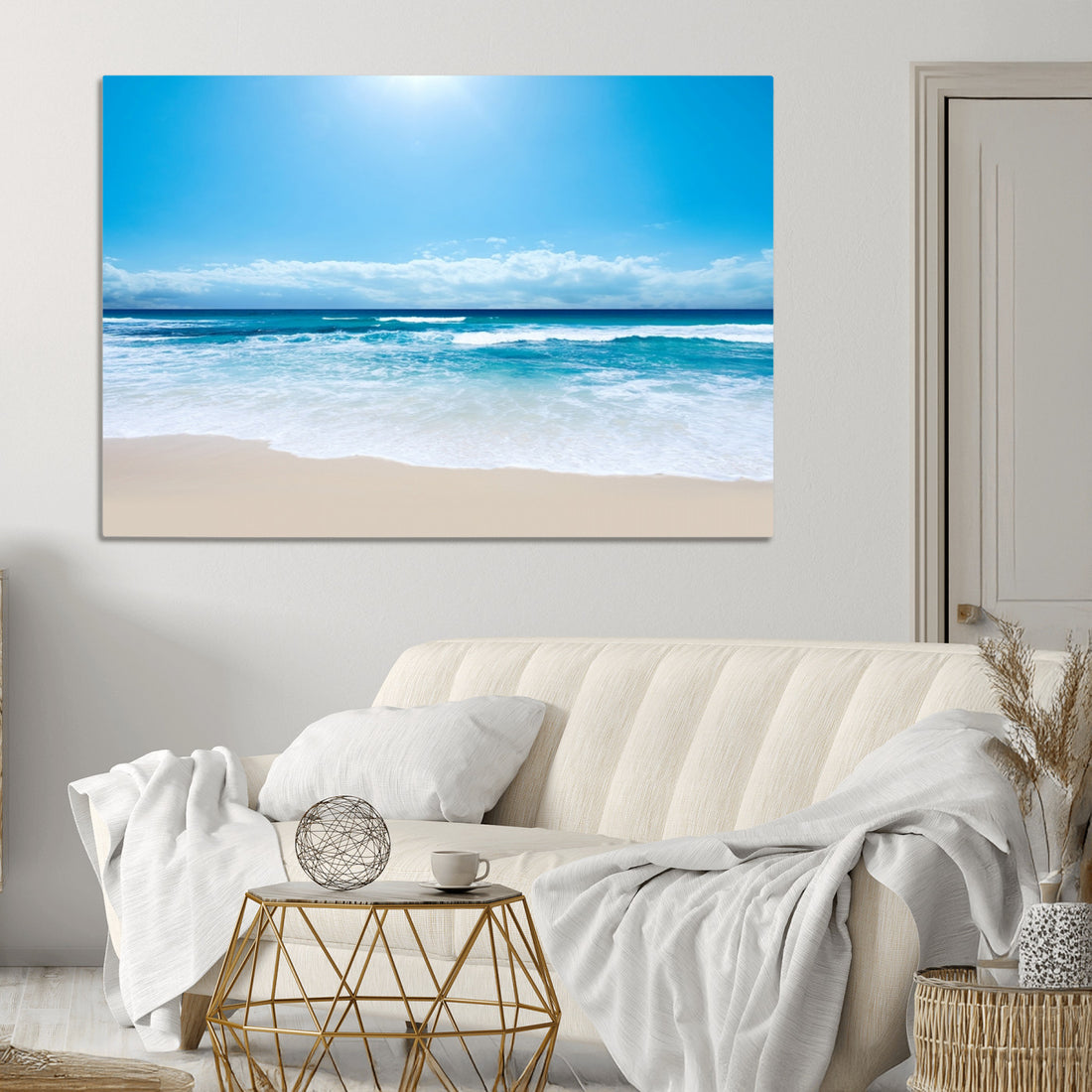 Wall Art Canvas Print Shiny Blue Sea and Beach