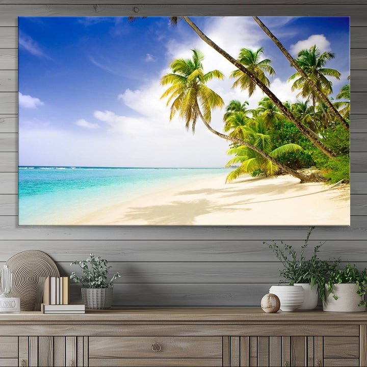 Tropical Beach Canvas: Palm Trees & White Sand Shore Decor, Vibrant Coastal Print, Ready to Hang.