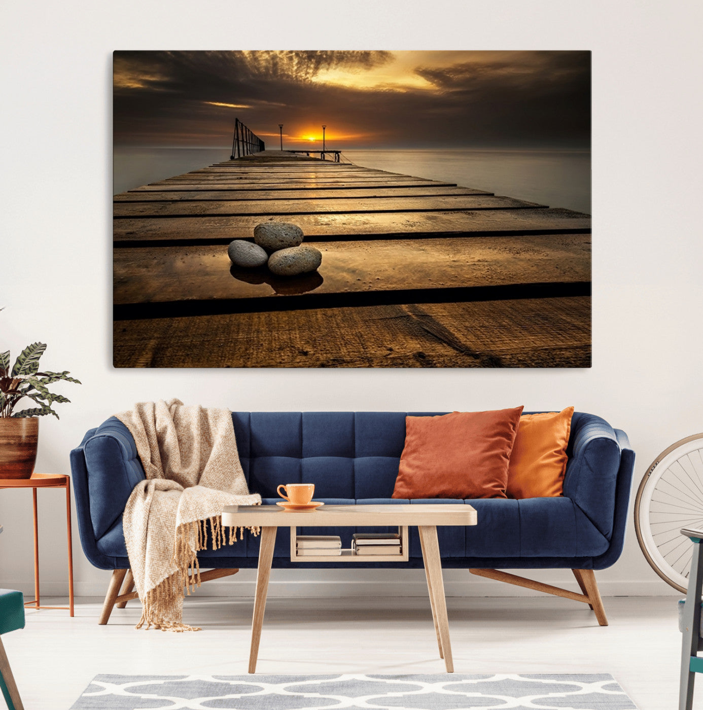 MGV-CV-36X24 - Stones on Wooden Pier at Sunset Canvas Print, Serene Coastal Wall Art, Beach Sunset Photography,
