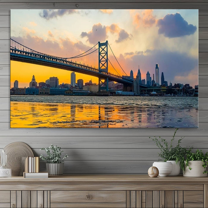 Ben Franklin Bridge Wall Art Print – Philadelphia Skyline Sunset Canvas Print.