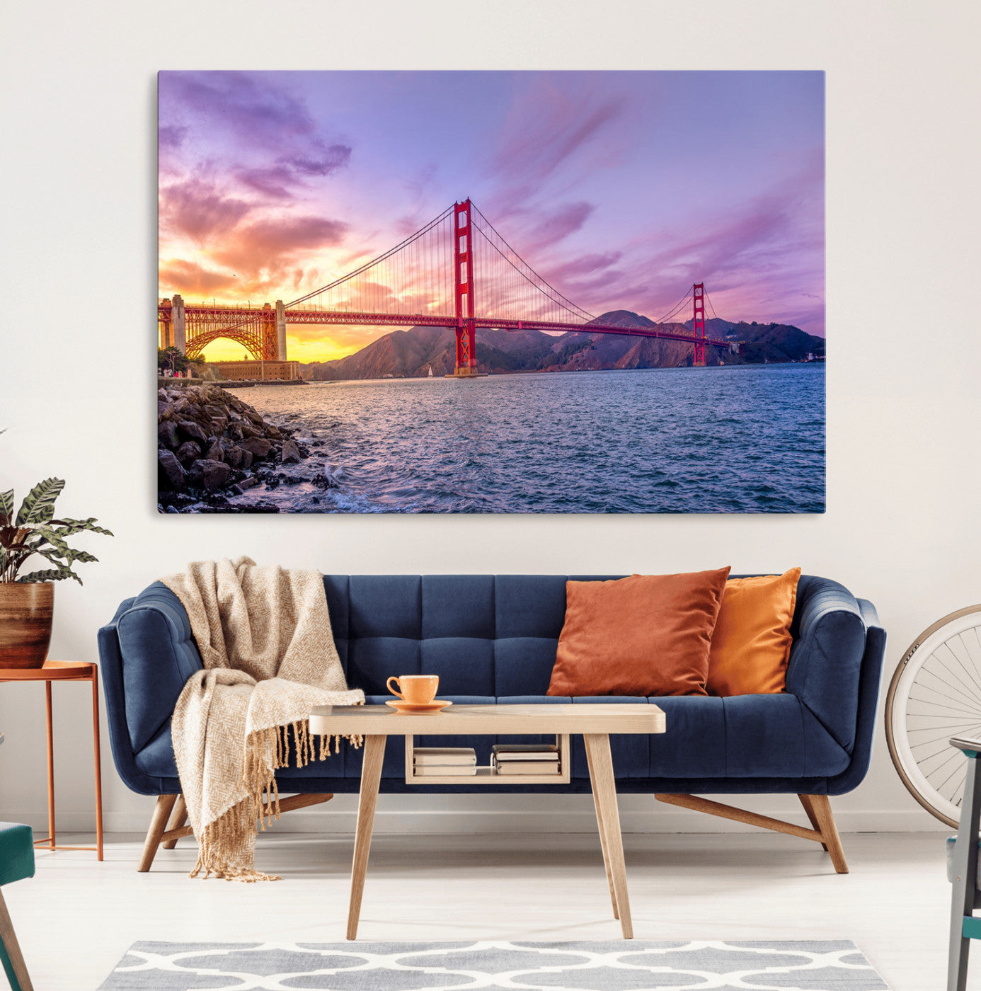 MGV-CV-36X24 - Golden Gate Bridge Wall Art Print, San Francisco Sunset Canvas Wall Art, Cityscape Canvas Print for