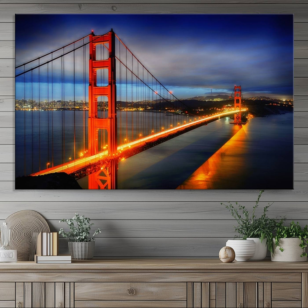 The living room features a large San Francisco canvas art piece—a stunning triptych of the Golden Gate Bridge at twilight, known as the "Large Wall Art San Francisco Canvas Print - Wonderful Golden Gate Bridge at Twilight.