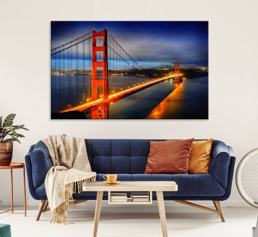 A large wall art San Francisco canvas print of the Golden Gate Bridge at twilight is displayed on a porch.