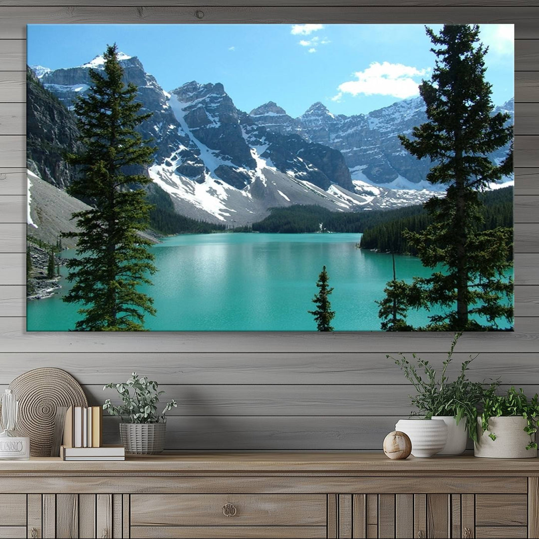 Canadian Rockies Moraine Lake Landscape Canvas Print showcasing a turquoise lake and mountain view.