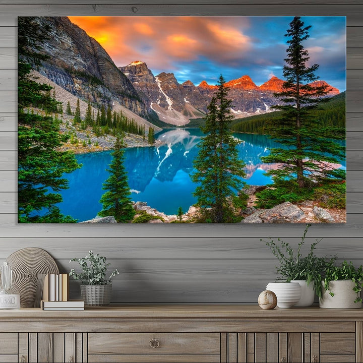 A kitchen featuring a Canadian Rockies Moraine Lake Wall Art Canvas Print displayed on the wall.