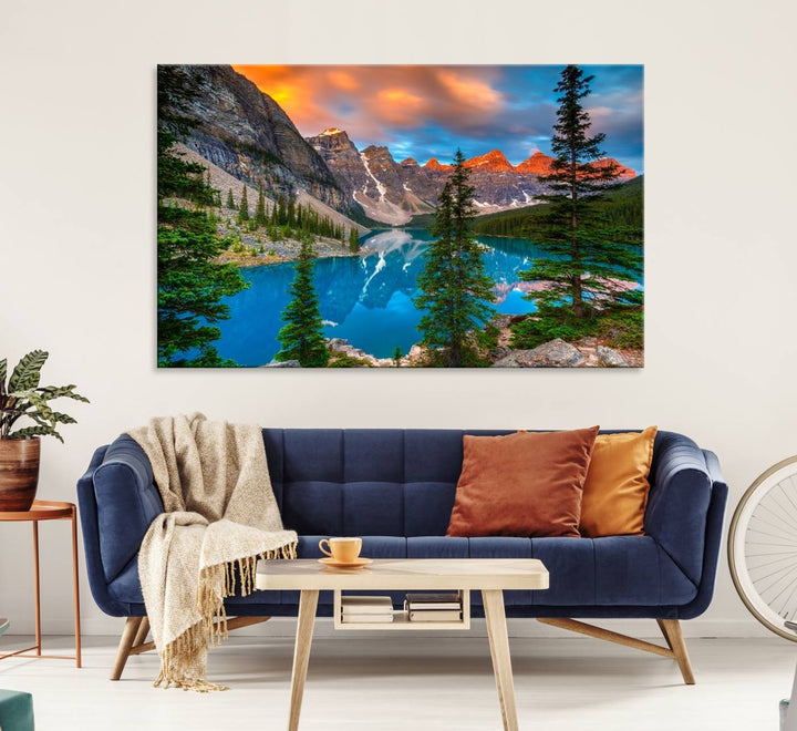 The dining room features a stunning piece of wall art depicting the Canadian Rockies Moraine Lake.