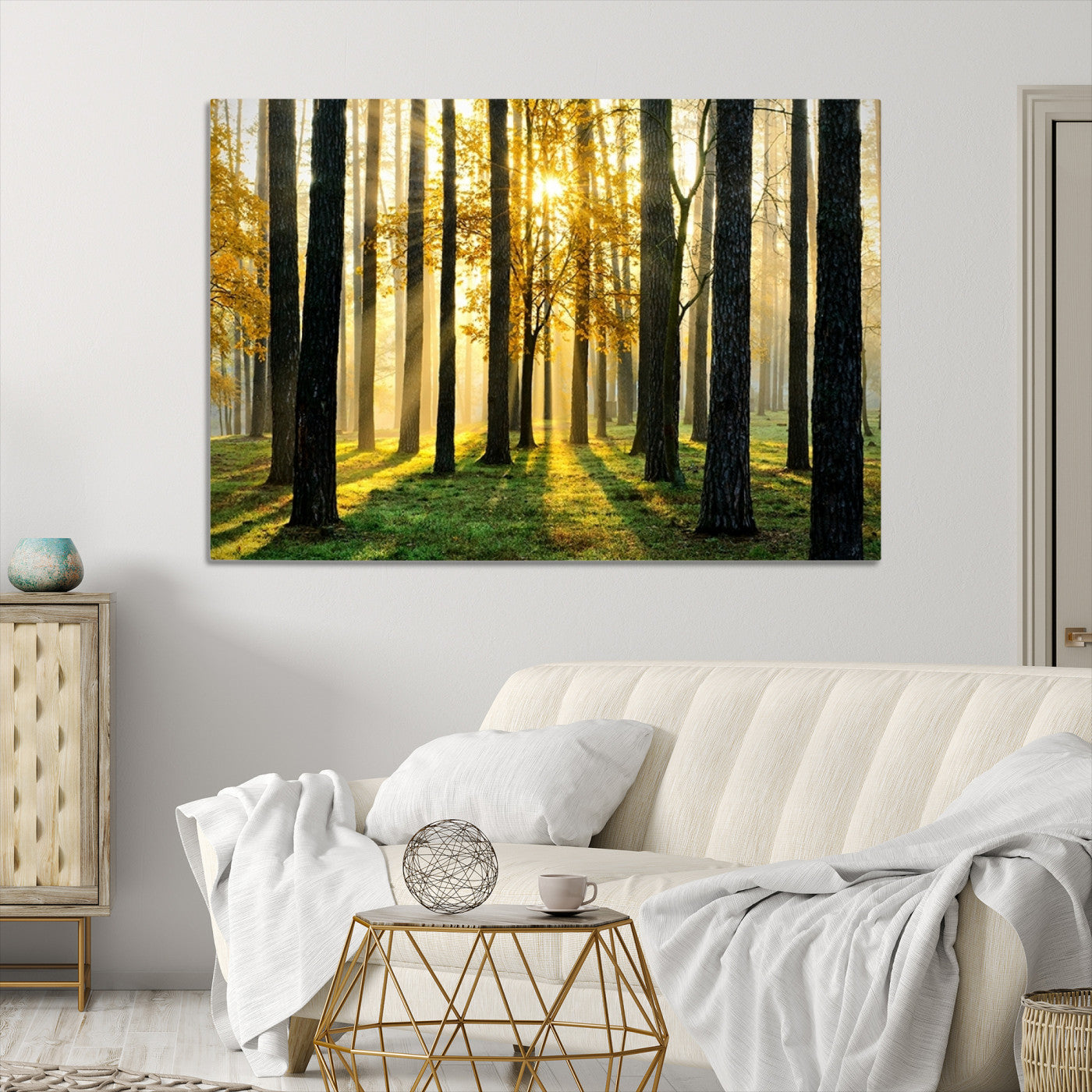 60024-MGV-CV-36X24-Sunlit Forest Wall Art Canvas Print - Large Framed Woodland Wall Art for Home or Office Decor, Rustic Nature Scene with Golden Light