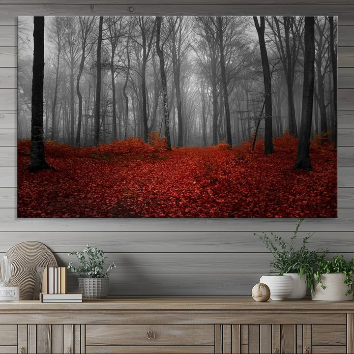 A large, museum-quality canvas print titled Wonderful Forest with Red Leaves.