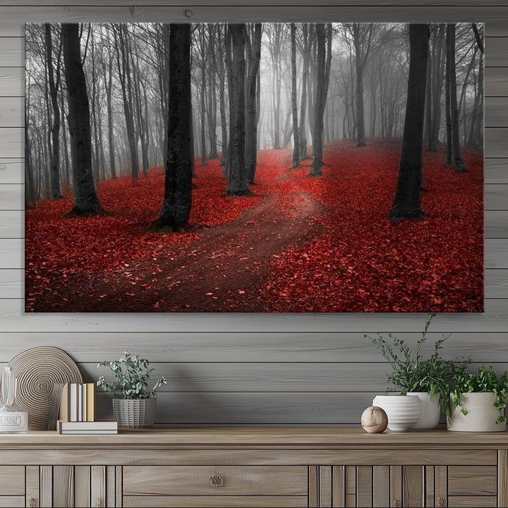 Wonderful Forest artwork: Triptych with red leaves, ideal for nature lovers.