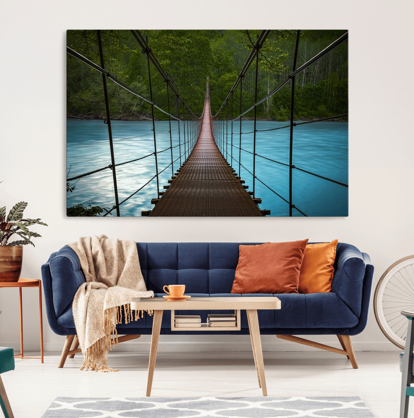 70229-MGV-CV-36X24-Suspension Bridge Over River Canvas Art | 3-Panel Nature Photography | Scenic Wall Art for Living