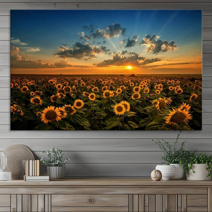 The dining area features the Sunflower Field Sunset Wall Art Canvas Print.