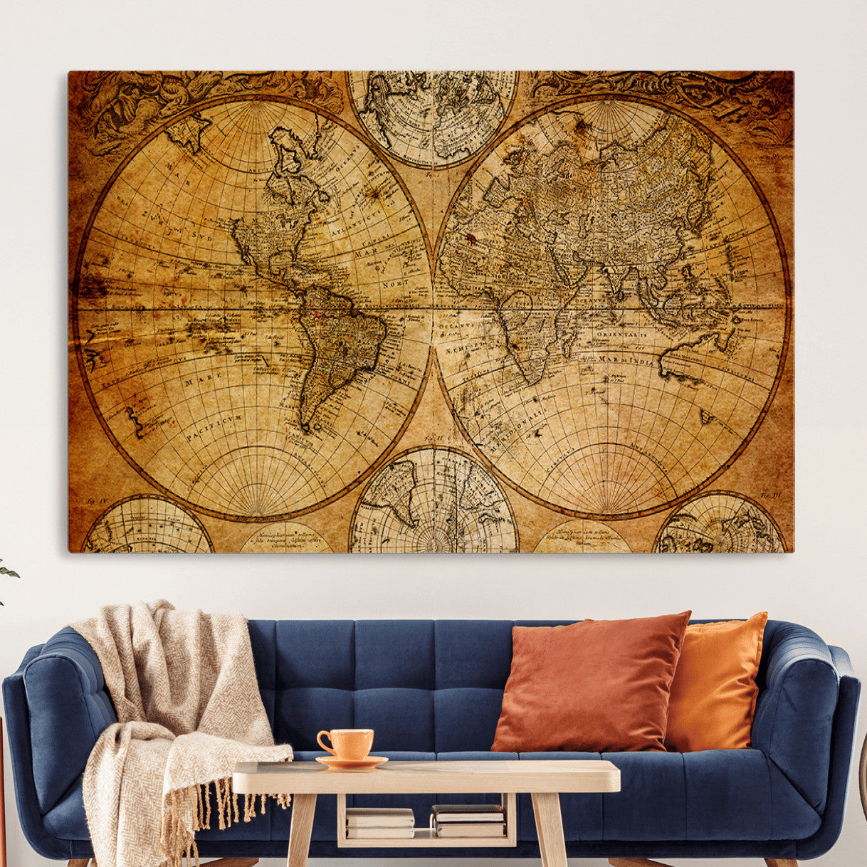 25517-MGV-CV-36X24 - Vintage World Map Canvas Print – Antique Push Pin Travel Map, Framed Wall Art for Home or Office Decor